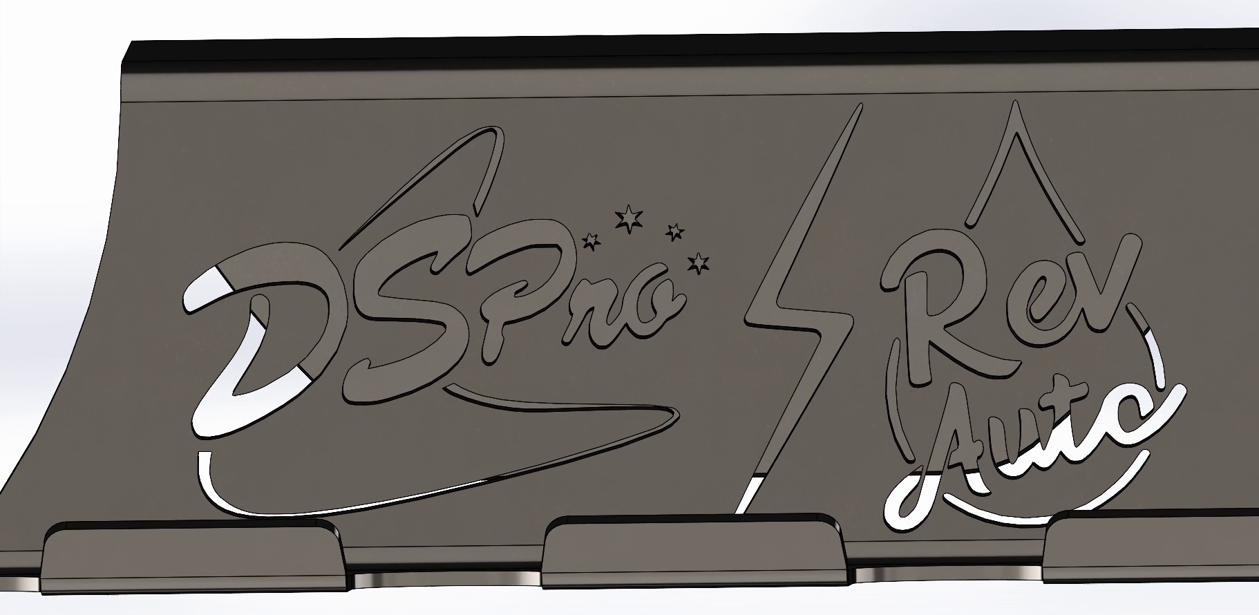 Render of the formed bottle rack with the DSPro and RevAuto logos cut through the sheet