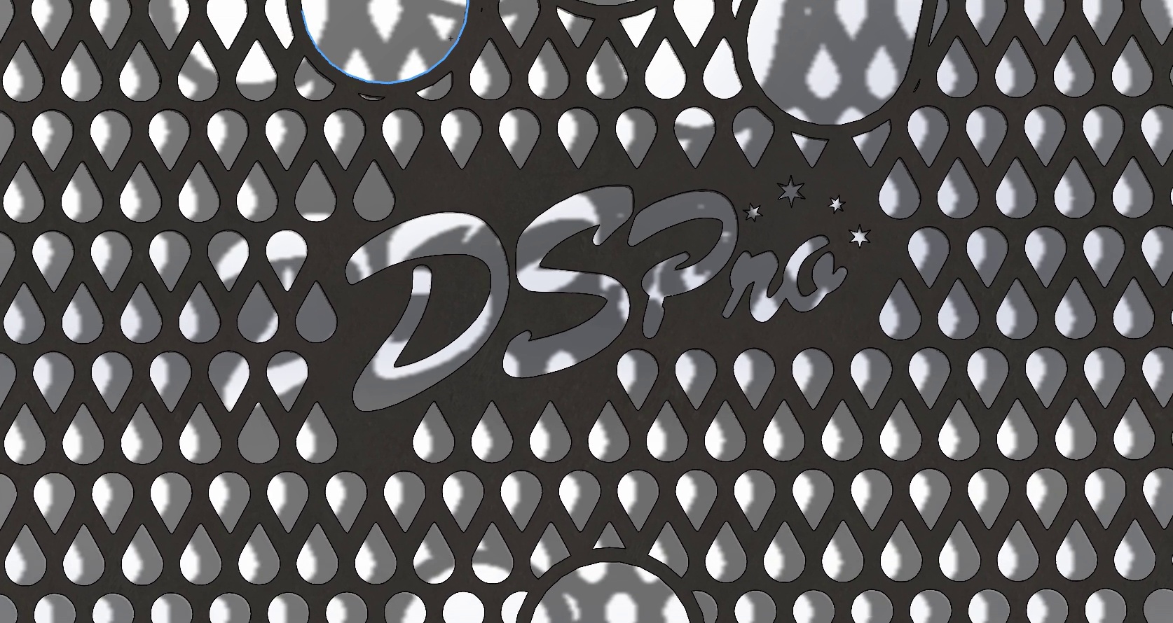 Render of the laser cut grit guard with radial teardrop slots
