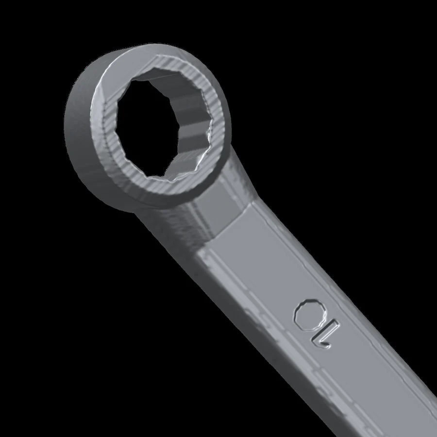 Close-up of the 10 mm wrench box end on the fork handle