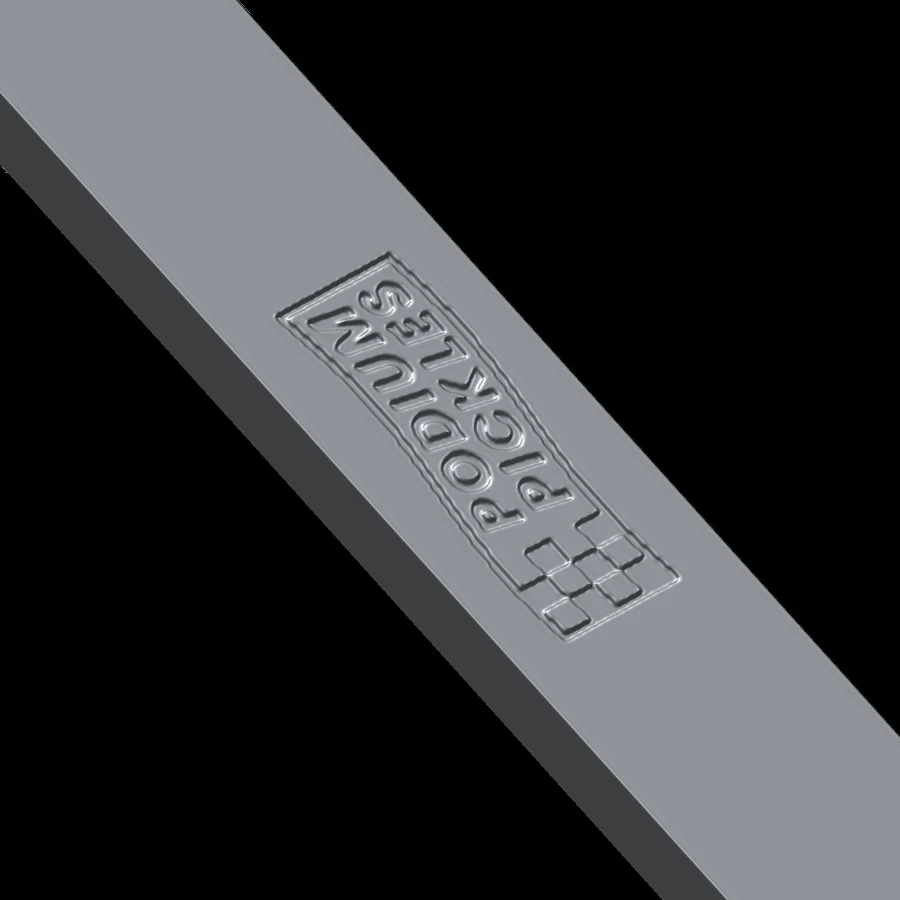 Close-up of the laser marked logo on the sheet metal fork handle