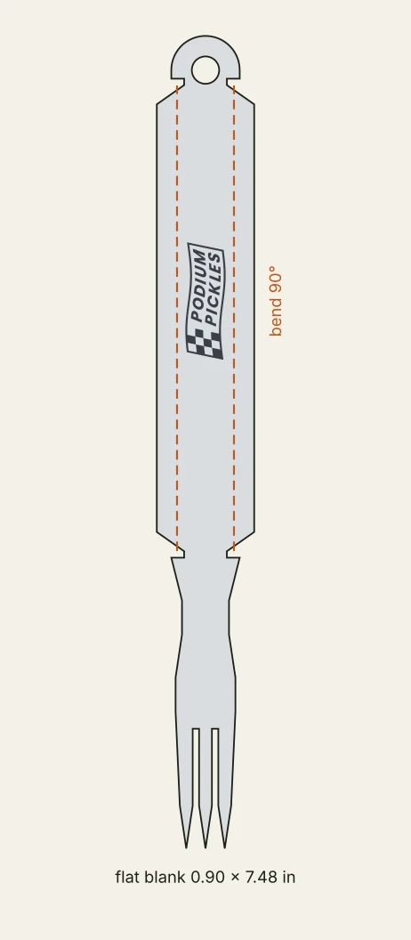 Flat pattern of the sheet metal fork with bend lines and the etched logo