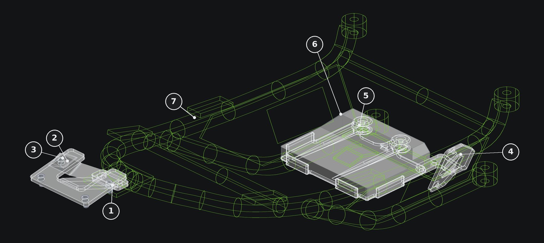 Assembly view of the R1 tail bracket set with item balloons