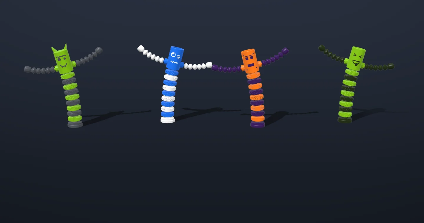 Four sampler display toys with a different finish on every segment